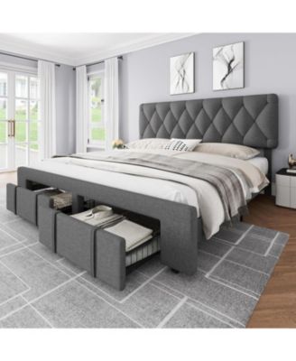 Queen Size Upholstered Platform Bed Frame Storage Drawers Wooden Slats No Box Spring Needed Grey