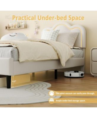 Twin Size PU Leather Upholstered Smart LED Platform Bed Frame with Adjustable Hills Headboard, Wooden Slats, No Box Spring, White