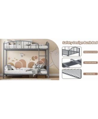 Metal Bunk Bed Twin Over Twin Heavy Duty Bunkbeds Safety Ladder Arched Guardrail Space-Saving No Box Spring