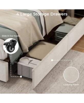 Full Size Upholstered Platform Bed Frame 4 Storage Drawers Corduroy Tufted Wingback Headboard Wood Slats No Box Spring Beige