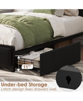 Twin Size Black Linen Upholstered Platform Bed Frame 2 Storage Drawers Charging Station Storage Headboard Heavy Duty