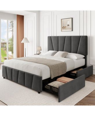 Queen Size Bed Frame with 4 Storage Drawers and Adjustable Headboard, Linen Upholstered Platform Bed Frame