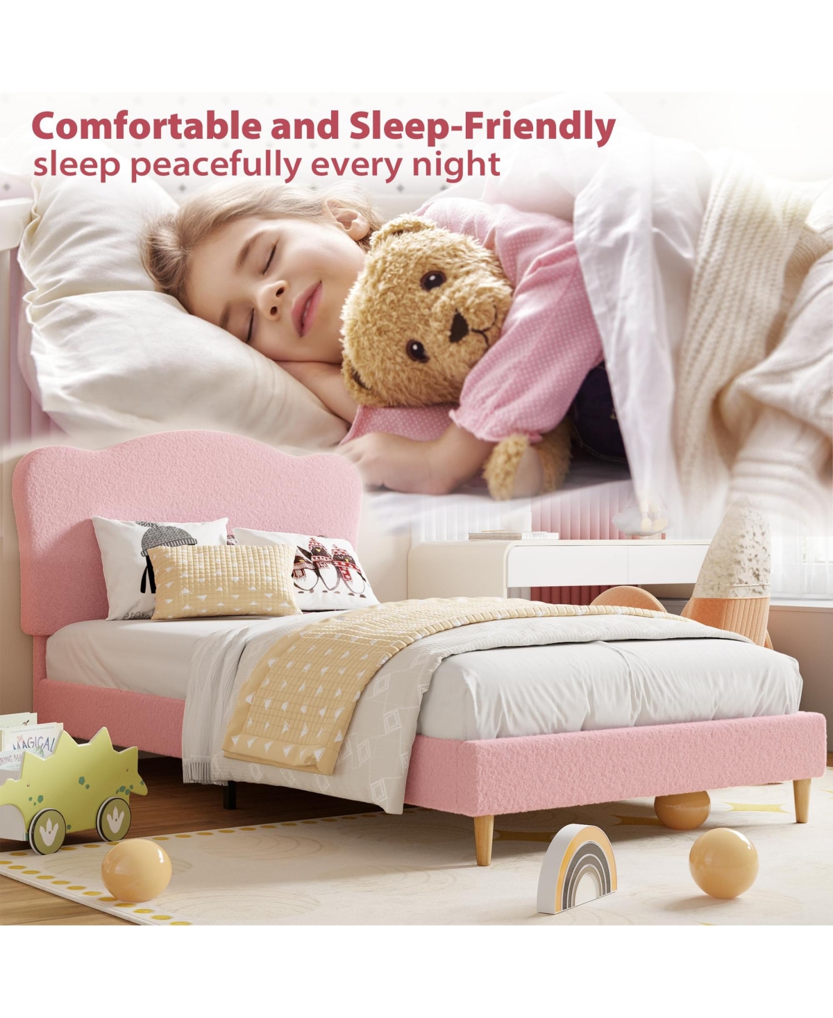 gaomon Full Size Bed Frame for Kids with Scallop Headboard, Cute Velvet Twin Bed for Girls, Boys