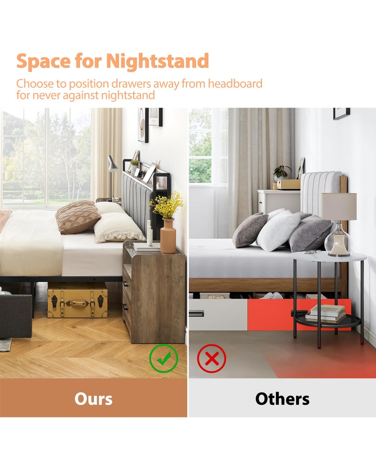 gaomon Queen Size Bed Frame with 2 Storage Drawers and Charging Station, Rustic Linen Upholstered Platform Bedframe