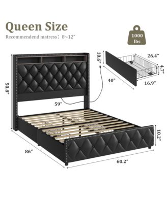 Queen Bed Frame with 50.8" Tall Headboard, Platform Velvet Upholstered Bed Frame with 4 Storage Drawers