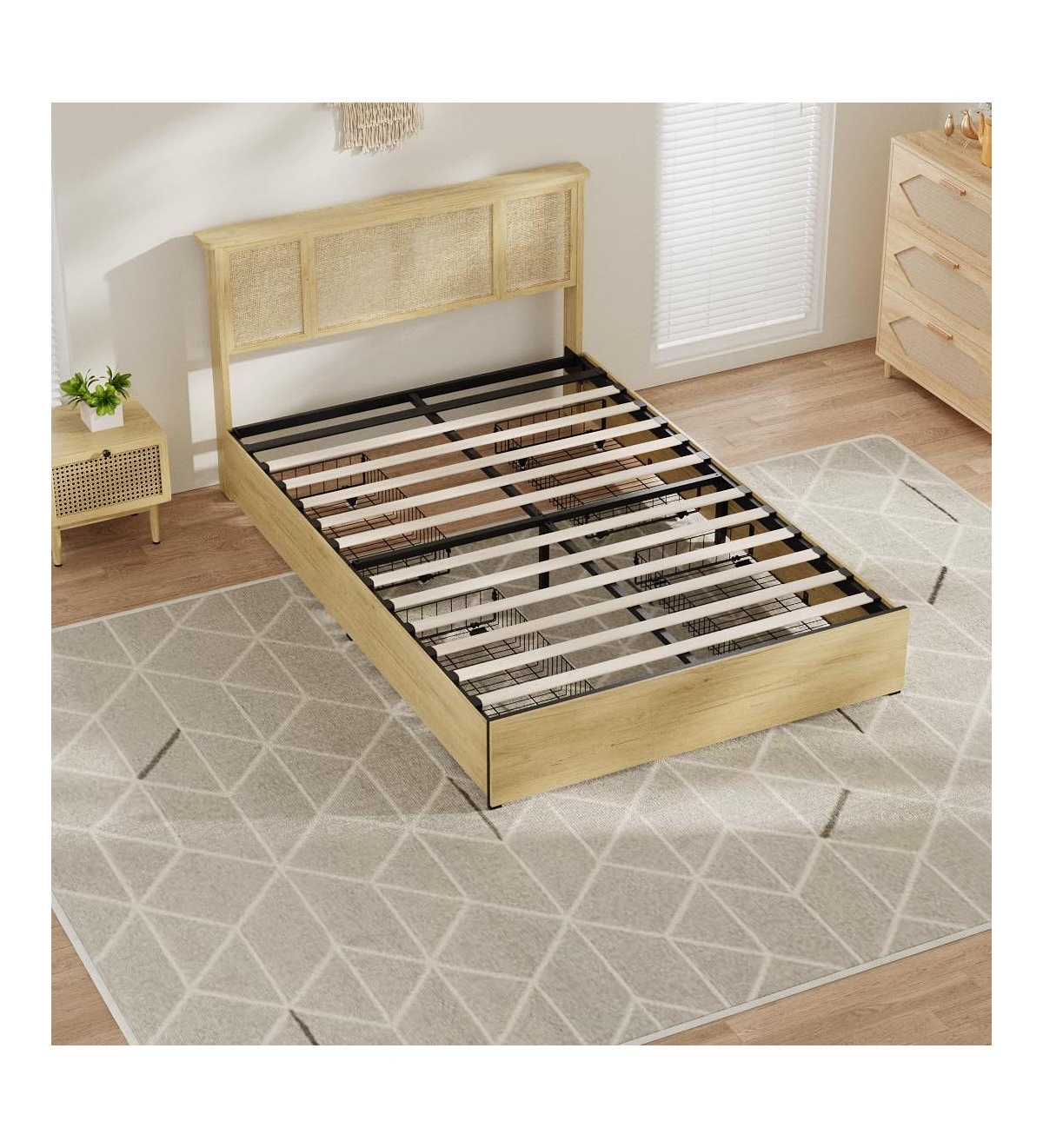 gaomon Queen Bed Frame with Natural Rattan Headboard, 4 Storage Drawers, Slats, Bohemian-Style Cane Mattress Support