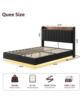 Floating Bed Frame Queen with LED Lights & USB Charging Station – Modern Upholstered Platform Bed with Headboard