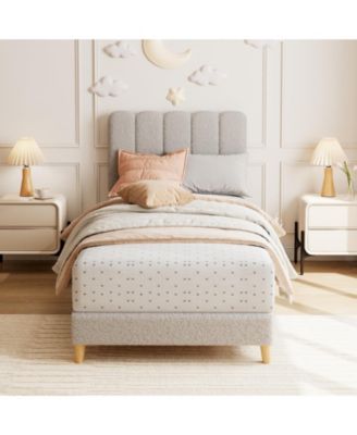 Twin XL Boucle Upholstered Platform Bed Frame with Wave Headboard and Wooden Slats Support