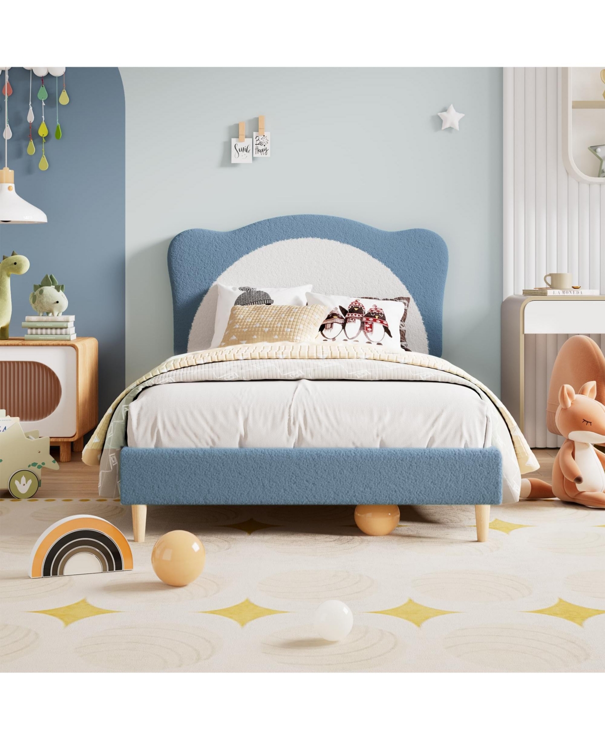 gaomon Upholstered Full Size with Adjustable Scallop Headboard, Velvet Princess Design Platform Bed Frame for Kids