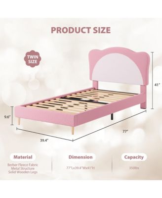 Upholstered Twin Bed Frame for Kids - with Adjustable Chic Scallop Headboard, Cute Velvet Princess Platform Bed for Girls/Kids