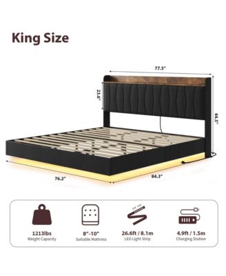 King Floating Bed Frame with LED Lights & Charging Station, Upholstered Platform Bed with Storage Headboard