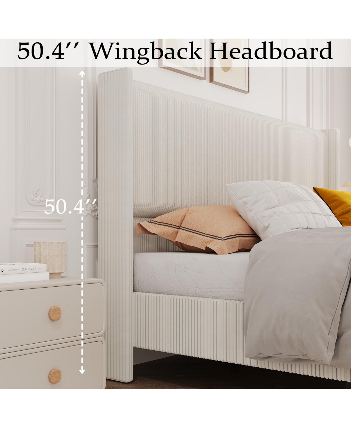 gaomon King Bed Frame, Upholstered Platform Corduroy Bed Frame with Vertical Channel Tufted Wingback Headboard