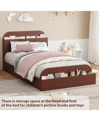 Twin Size Bed Frame, Wooden Beds with Storage Headboard and Raised-Foodboard for Kid, Twin-Floor Low Platform Bed