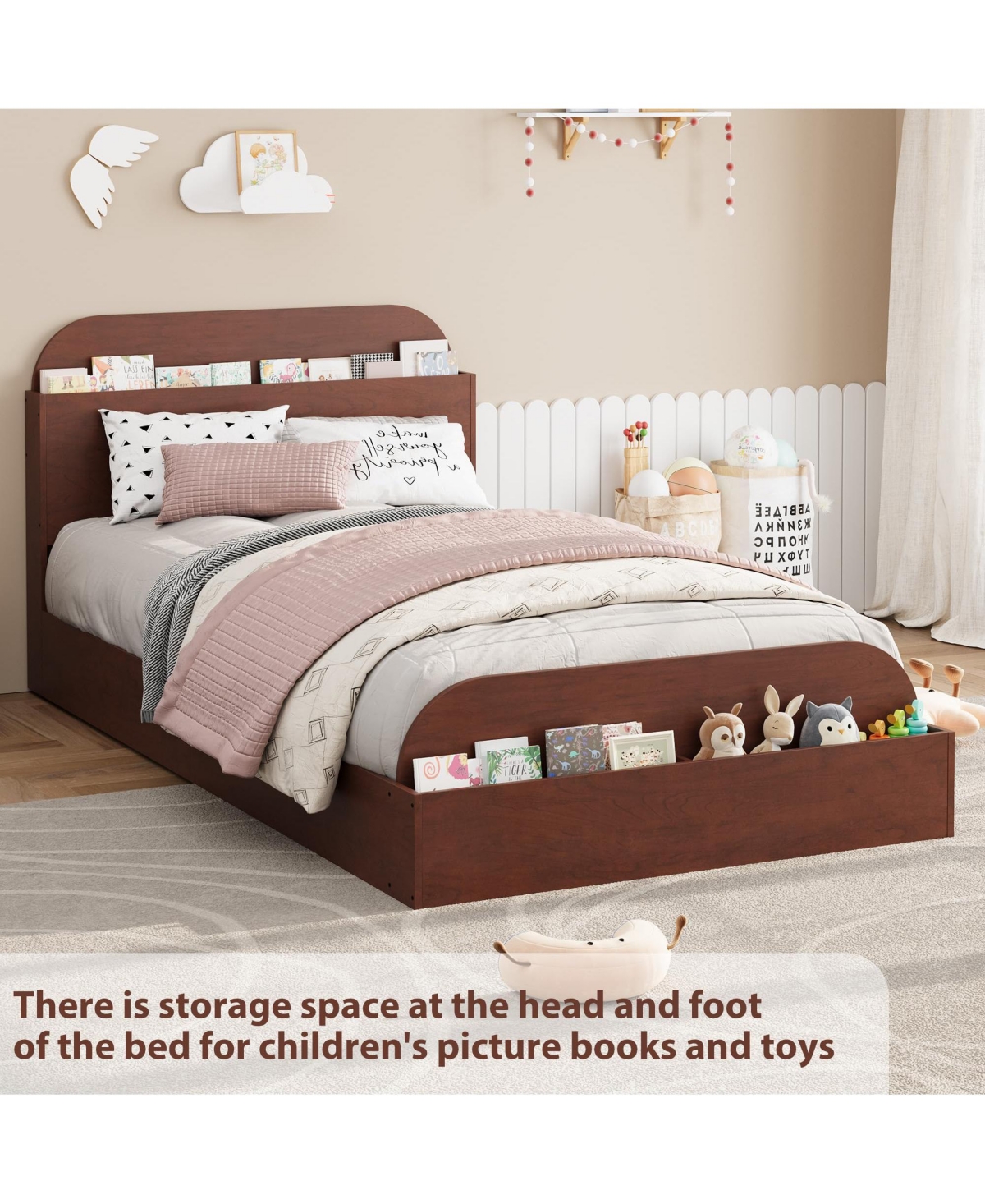 Gaomon Twin Size Bed Frame, Wooden Beds with Storage Headboard and Raised-Foodboard for Kid
