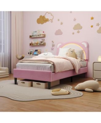 Twin Kids Bed Frame, Upholstered Platform with Adjustable Headboard & LED, Wooden Slats, No Box Spring