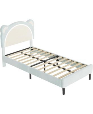 Twin Upholstered Bed for Kids – Adjustable Headboard with LED Light, Wooden Slats, No Box Spring, Blue