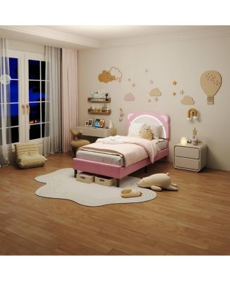 Twin XL Kids Bed Frame, Upholstered Platform with Adjustable Headboard & LED,Wooden Slats, No Box Spring,  Nursery