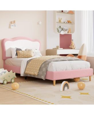 Twin Velvet Bed Frame for Kids – Upholstered Scallop Headboard, Sturdy Platform, Wooden Slats