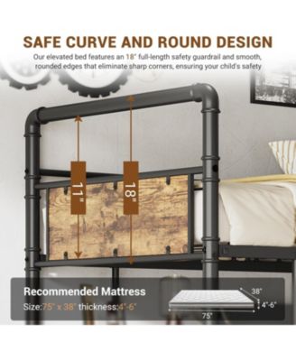 Twin Loft Bed with L-Shaped Desk & Storage Shelf, Heavy Duty Metal Frame for Adults,Space Saving Design,Vintage Finish