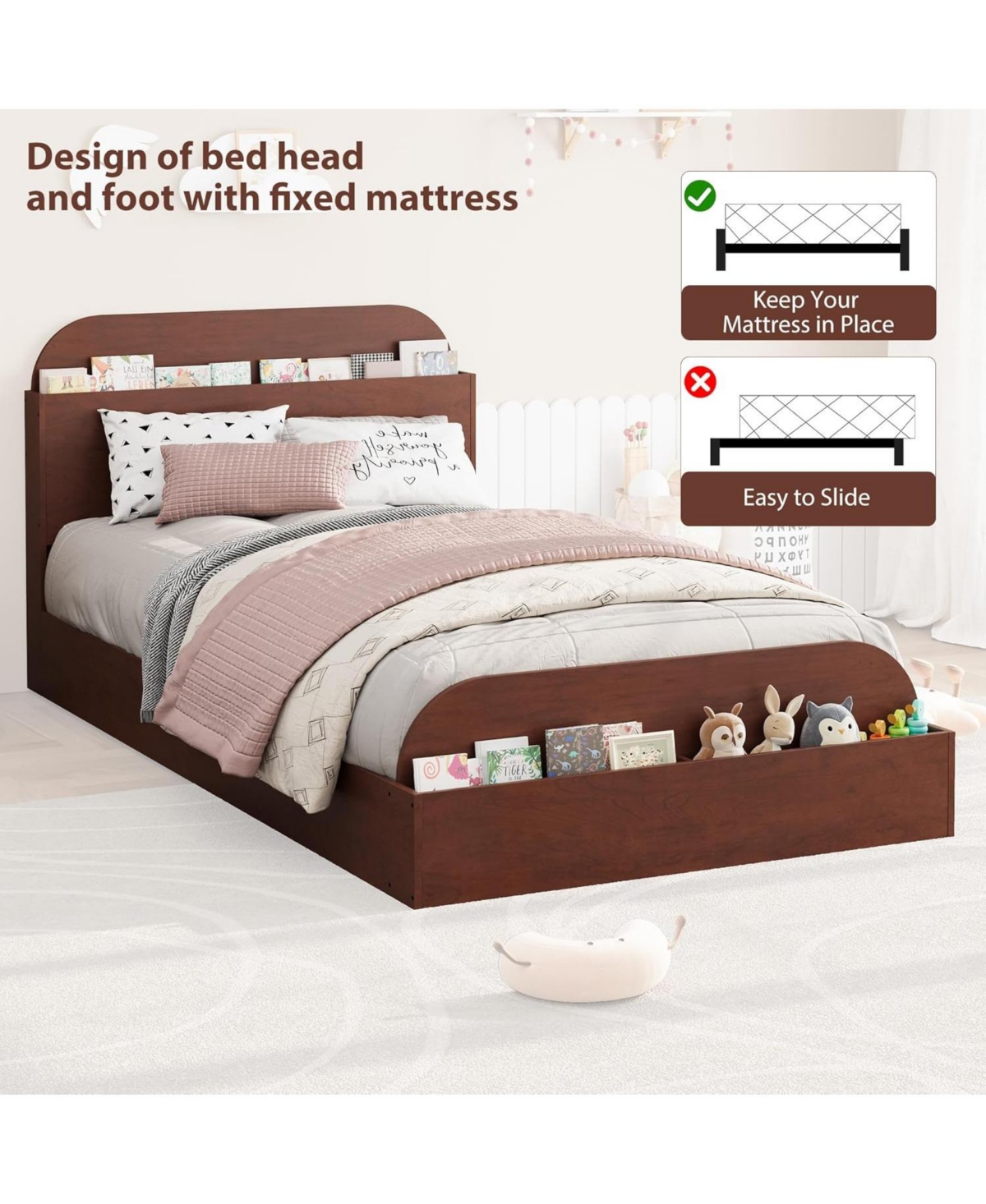 gaomon Wooden Twin Platform Bed with Storage Headboard and Raised Footboard – Kids