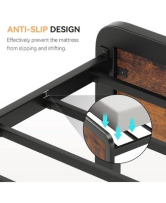 Metal Platform Bed Frame with Rustic Wood Headboard, No Box Spring Rustic Brown