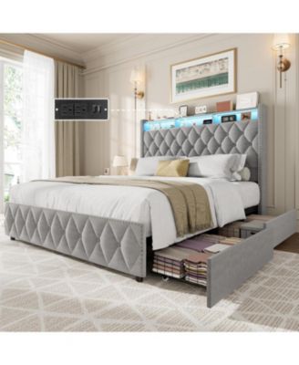 Queen Platform Bed 50.8" Tall Velvet Headboard LED Lighting USB Charging 4 Storage Drawers Upholstered Frame