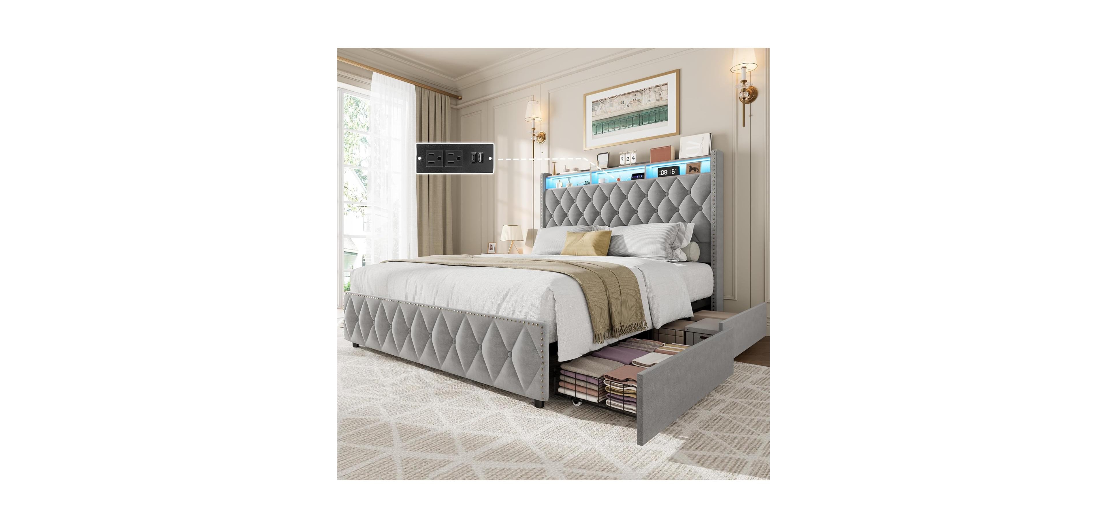 gaomon Queen Platform Bed 50.8" Tall Velvet Headboard Led Lighting Usb Charging 4 Storage Drawers Upholstered Frame
