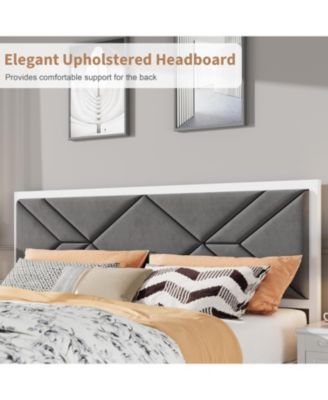 King Size Upholstered Bed Frame with Fabric Headboard, Strong Wooden Slats, No Box Spring Needed, Easy Assembly, White