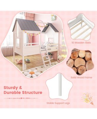 Twin Low House Bed Wooden Loft Bed with Ladder Roof Windows Slatted Support