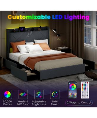 Bed Frame w/LED Lights Charging Station 2 Storage Pockets & 4 Drawers