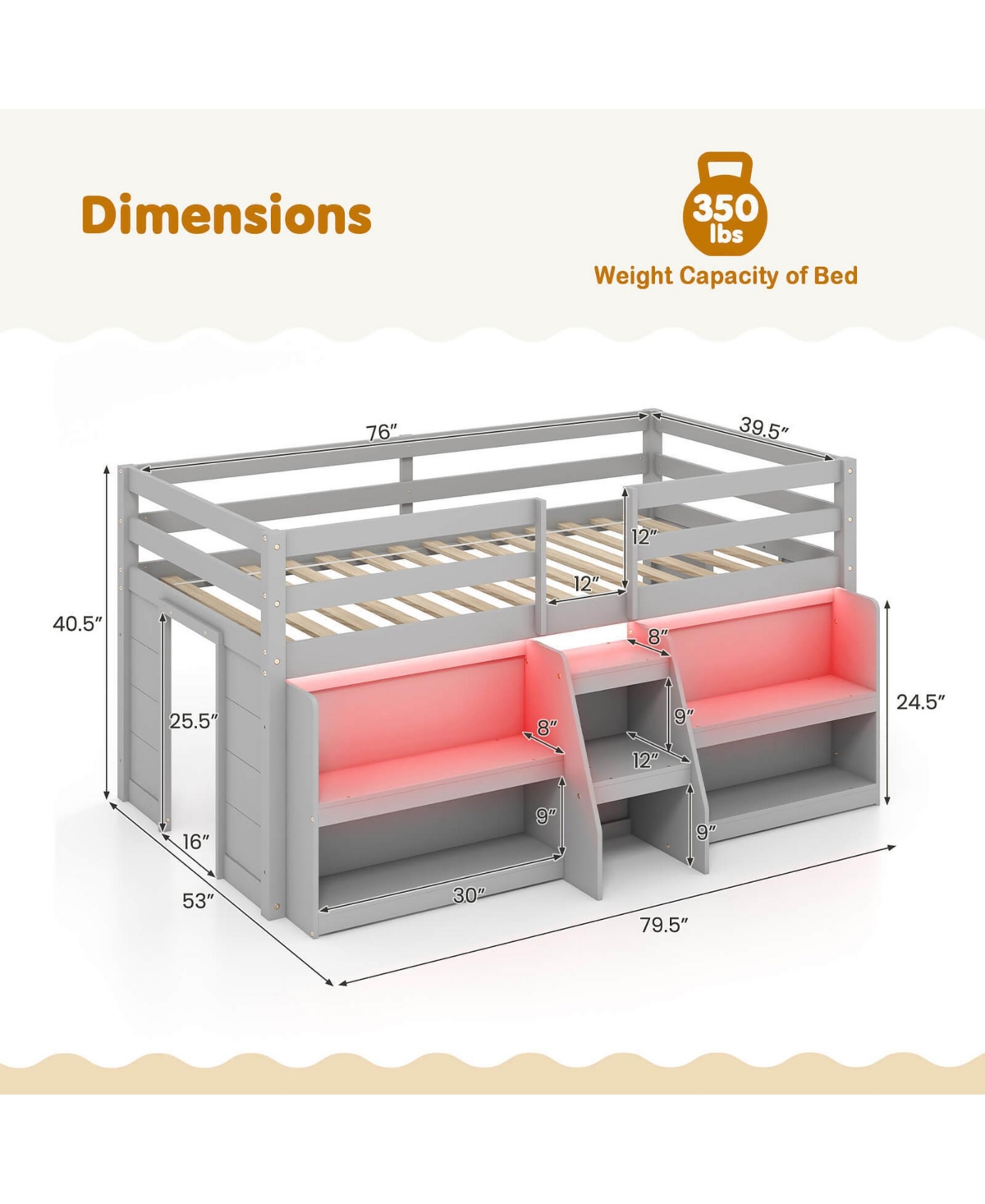 Gymax Twin Loft Bed w/ Led Lights Staircase & Safety Guardrail Under-bed Storage