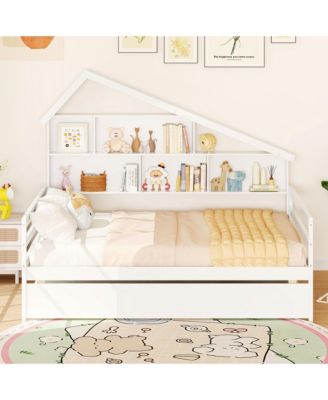 Full Size Daybed w/ Twin Size Trundle Bedside Bookshelf & Headboard