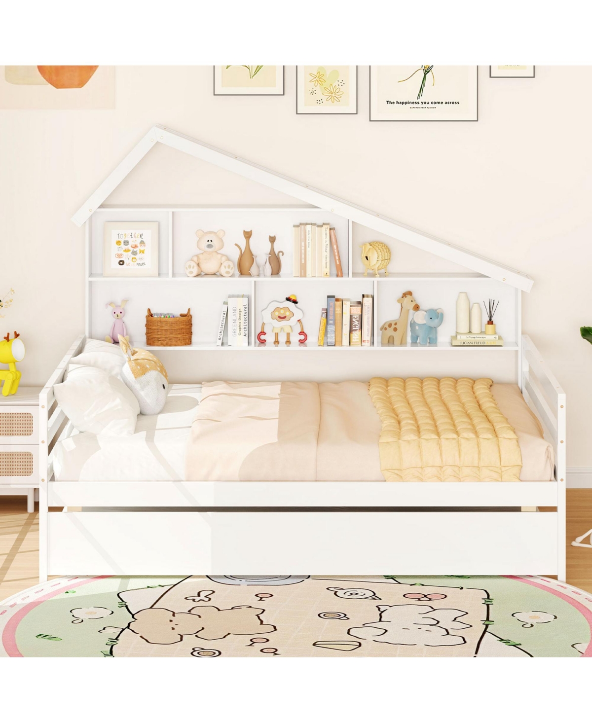 Gymax Full Size Daybed w/ Twin Size Trundle Bedside Bookshelf & Headboard