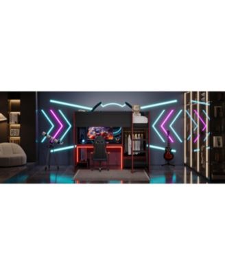 Black Wood Twin Size Loft Bed with BuiltIn Desk Wardrobe and Storage Drawer LED Lighting Space Saving Furniture for Kids and Teens Bedrooms