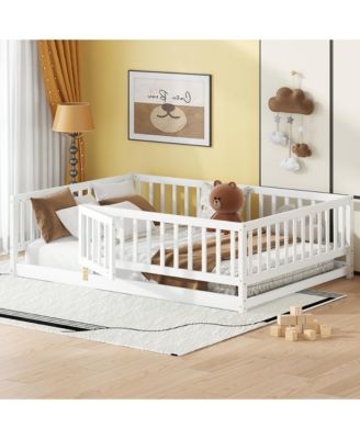 Pine Wood Full Size Floor Bed with Slats, Fence and Door, Montessori Floor Bed for Kids, Girls, Boys