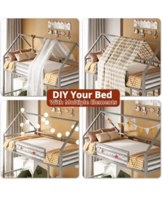 Bunk Bed Twin Over Twin, House Bunk Bed Frame with Ladder and Guardrail, House Shaped with Metal Slats for Dormitory and Bedroom