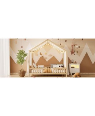 Montessori Floor Bed with Canopy, Full Size House Shape Toddler Bed Frame