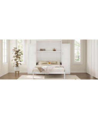 Queen Size Murphy Bed with 2 Wardrobes & Storage Shelf, White