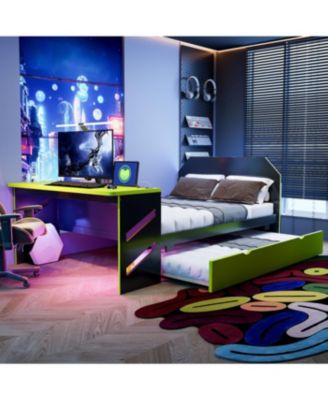 Streamdale Full Size Wood Daybed with Twin Size Trundle, Desk and USB, Cloud Blue