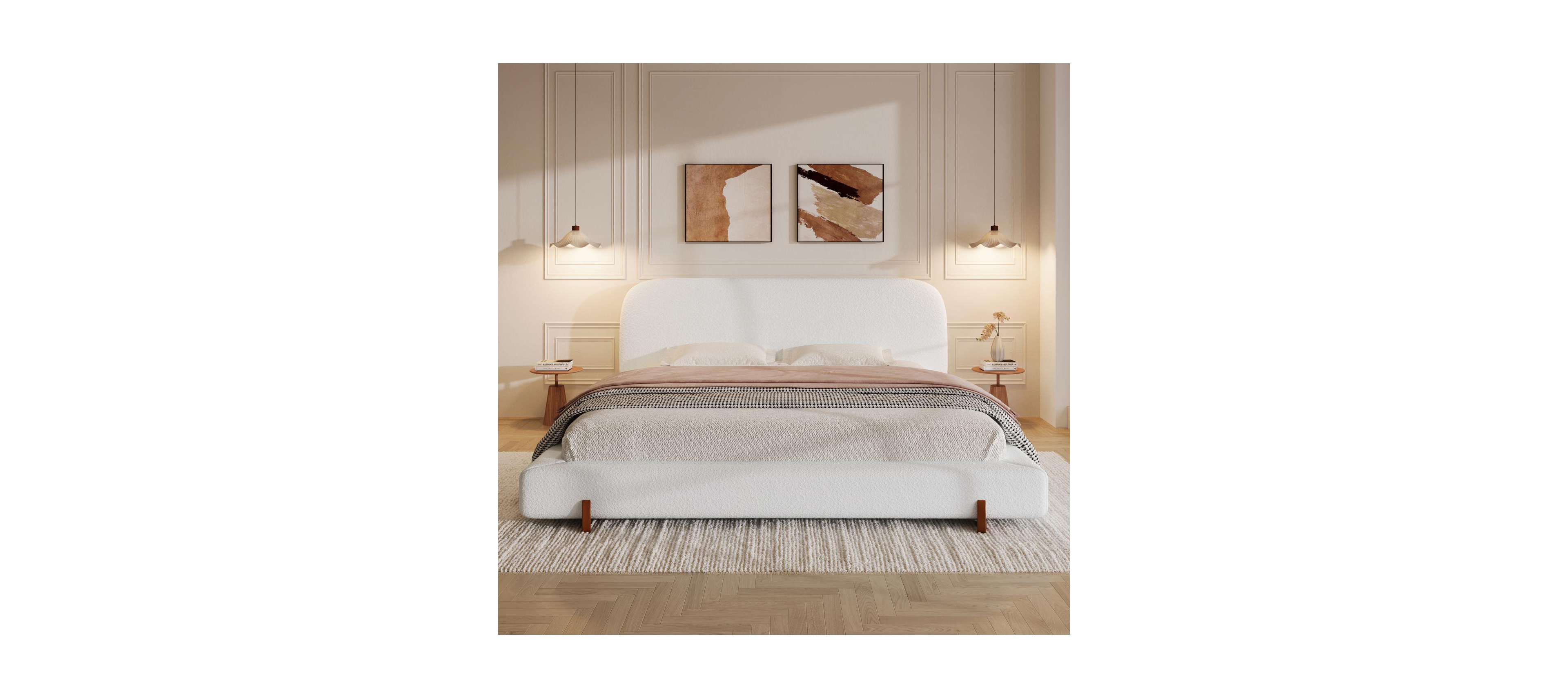 Streamdale Unique Design White Fabric Upholstered Bed Frame with Solid Wood Legs, California King