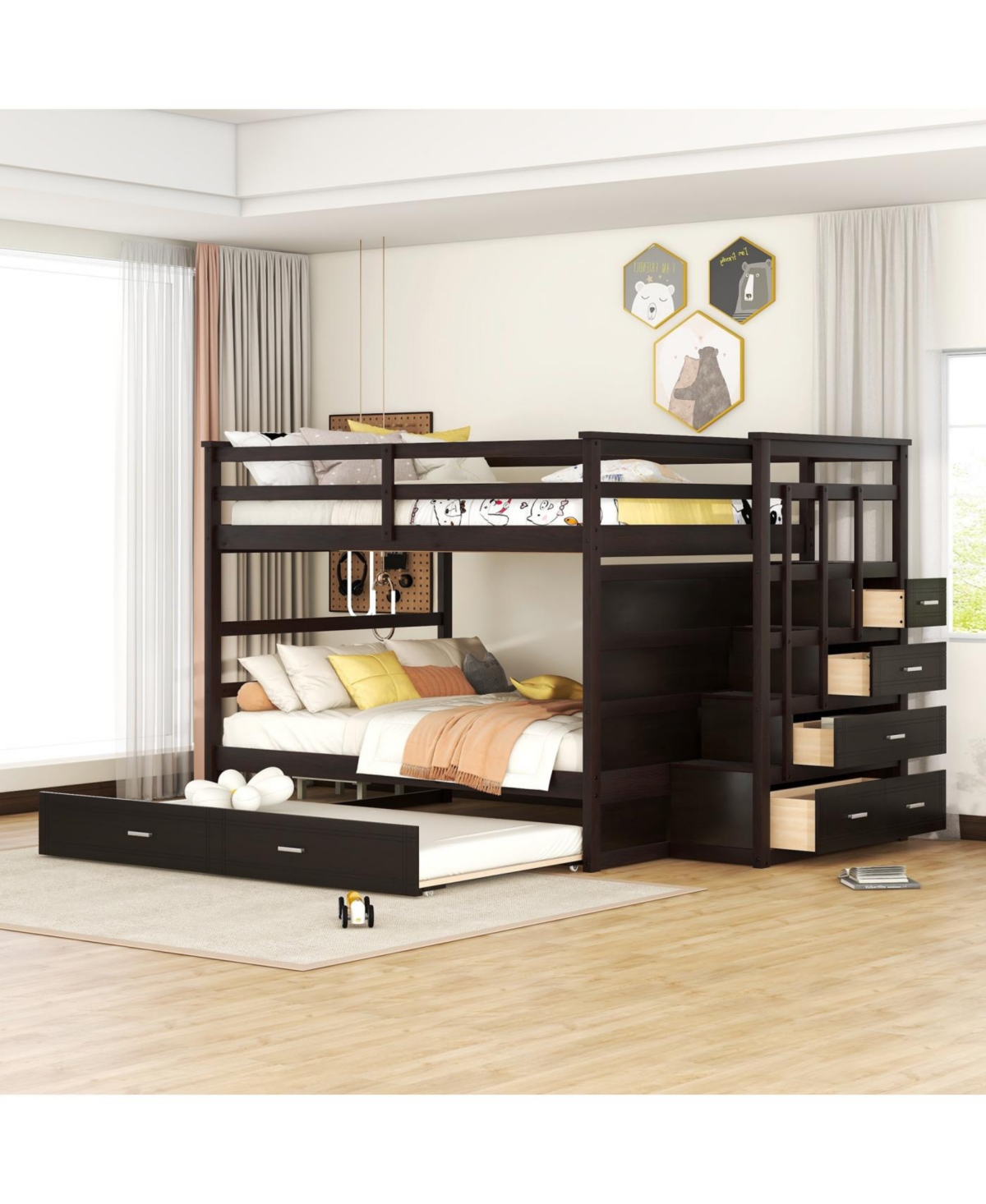 Streamdale Furniture Full Over Bunk Bed w/ Twin Trundle & Stairs, Gray