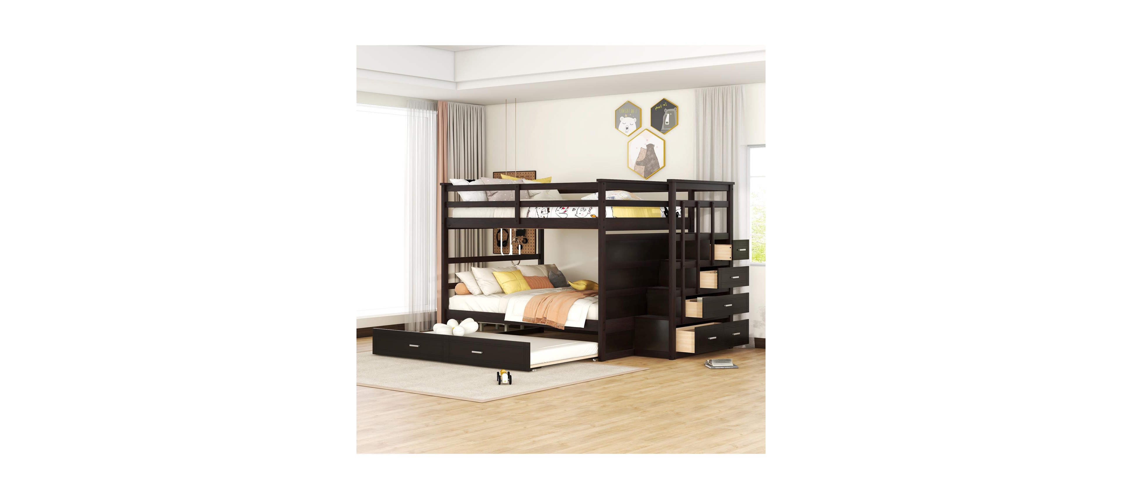 Streamdale Furniture Full Over Bunk Bed w/ Twin Trundle & Stairs, Gray