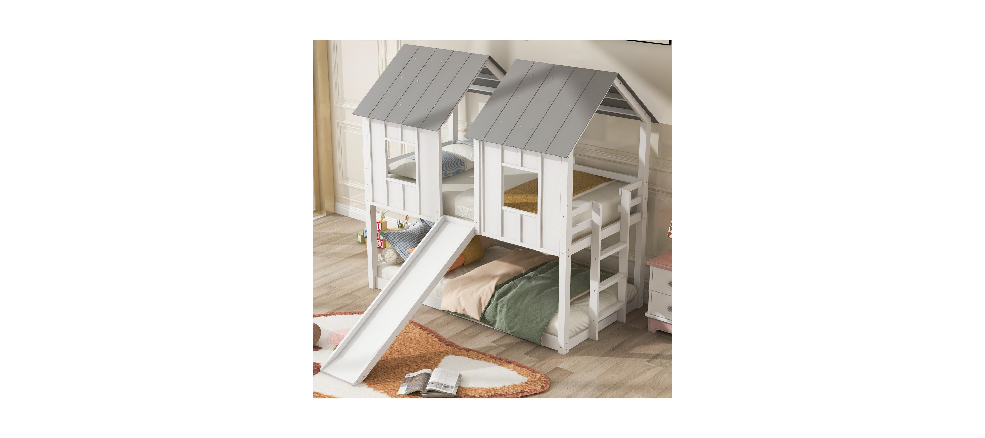 Streamdale Furniture Twin over Twin House Bunk Bed with Slide and Windows