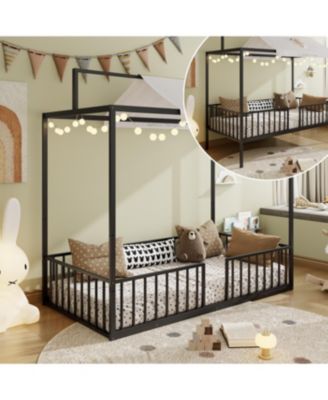 Streamdale Montessori 3-in-1 Convertible Metal Toddler Bed with Canopy, Twin, Black