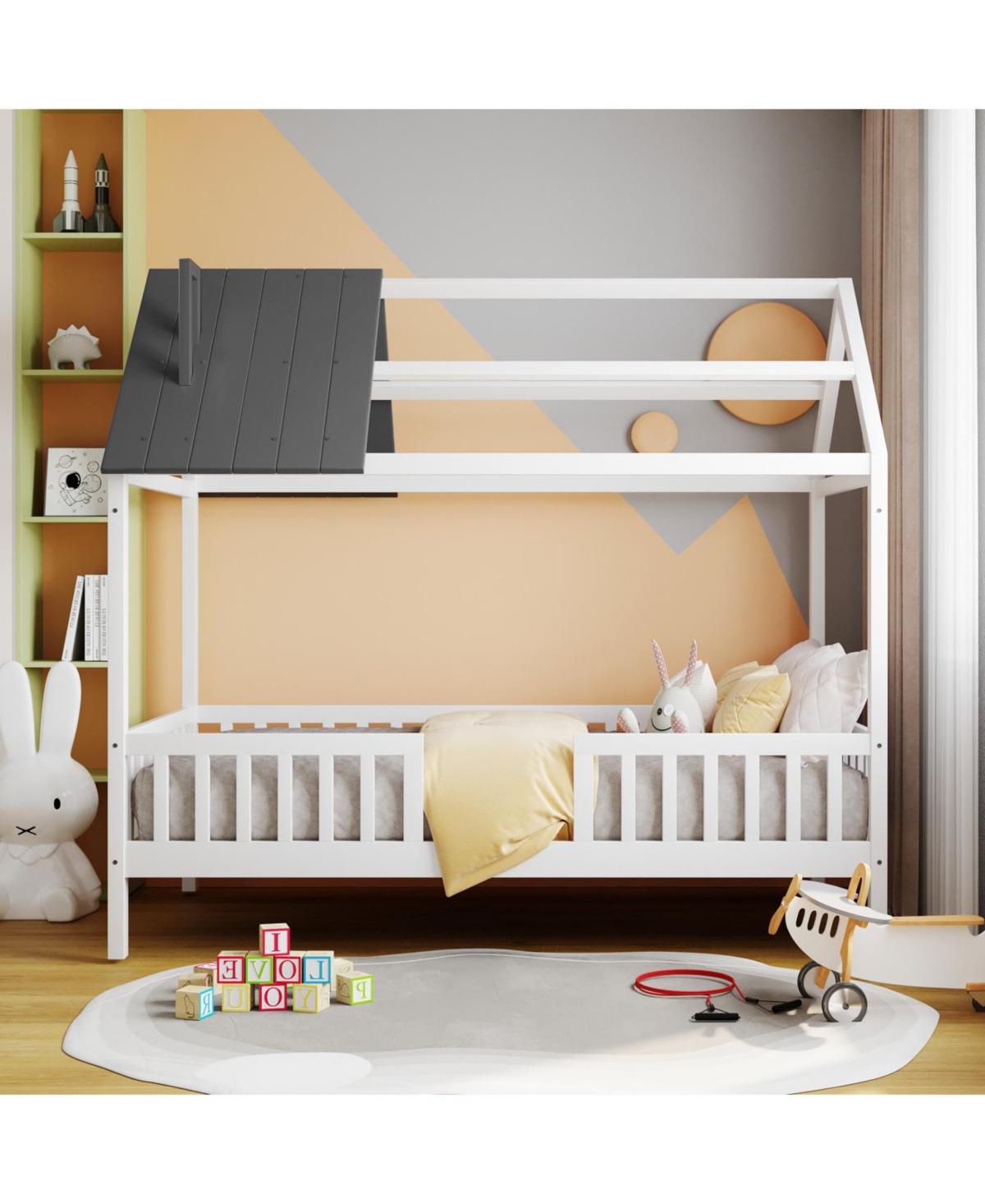 Streamdale Furniture Twin Size Wood House Bed with Fence, White+Gray