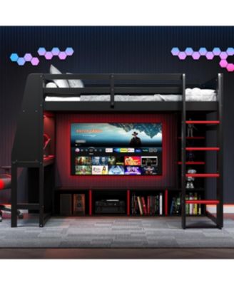 Streamdale Wood Gaming Loft Bed w/ Desk, Shelves, LED, Rack, Black