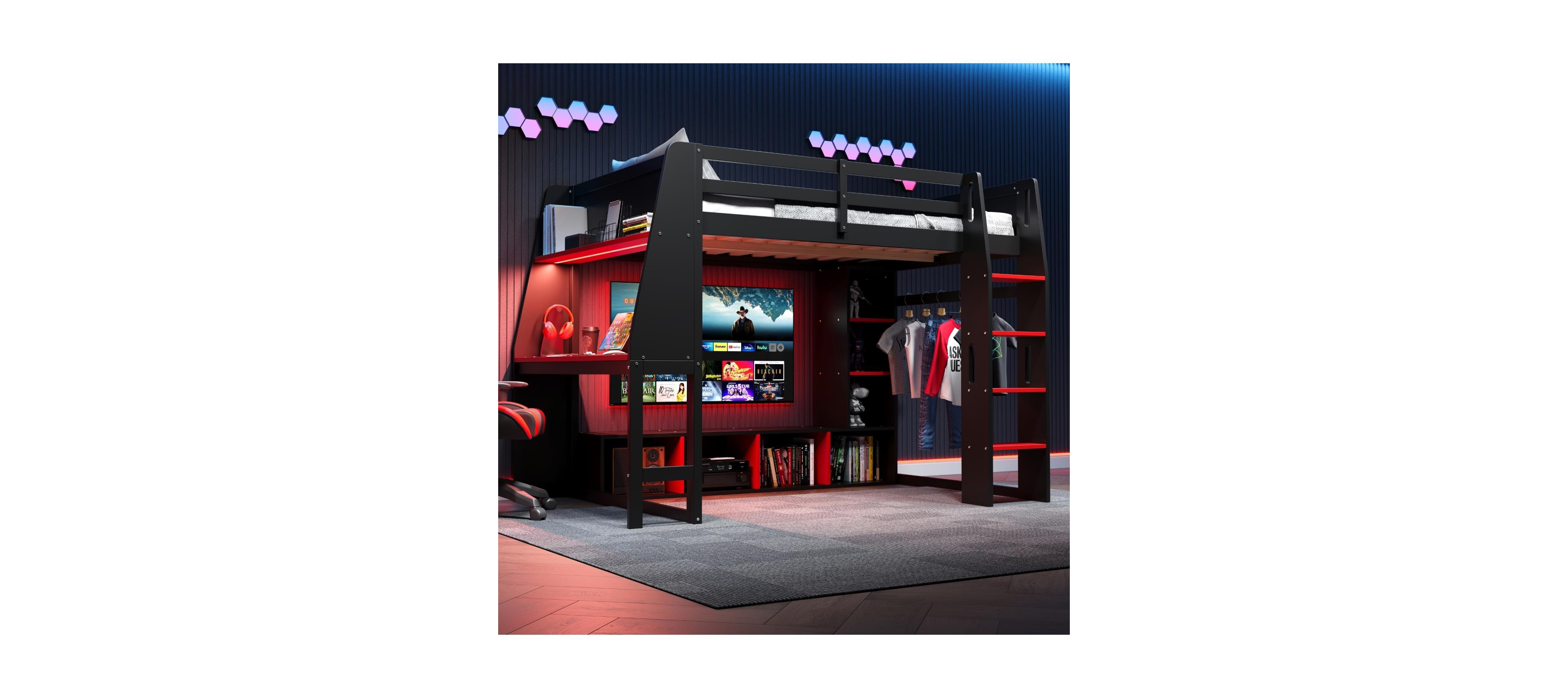 Streamdale Furniture Wood Gaming Loft Bed w/ Desk, Shelves, Led, Rack, Black