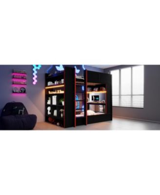 Wood Gaming Bunk Bed with Desk, Storage, LED & Charging Station