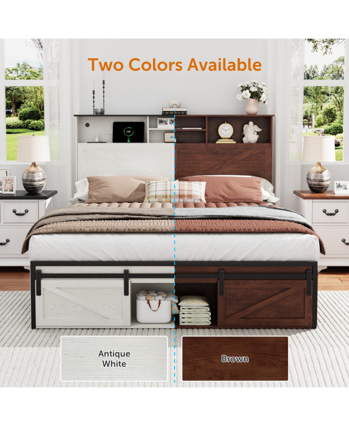 Streamdale Furniture Farmhouse Queen Storage Bed Frame with Charging Station & Led Lights, White