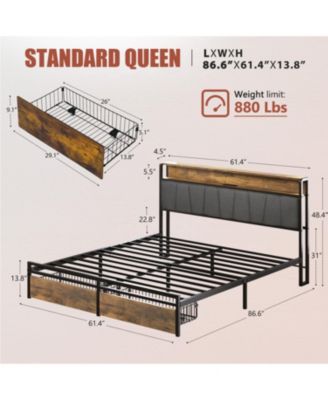 Upholstered Platform Bed Frame with Storage, USB Ports, Headboard